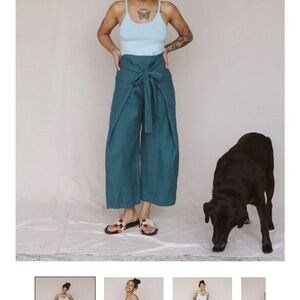 High-Waist Teal Wide-Leg Tie-Waist Pants — Women's
